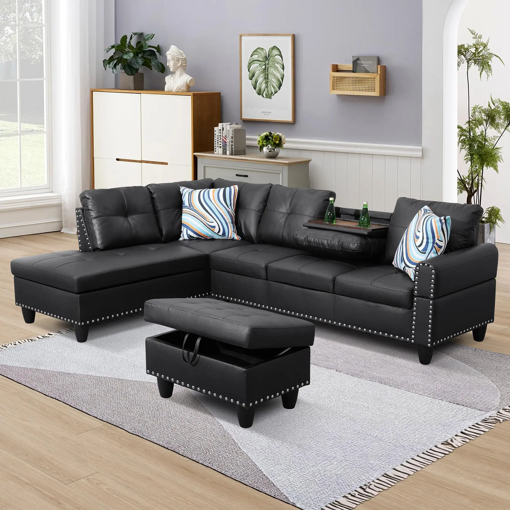 3-Piece Black Faux Leather Modern Sofa Set - Indoor Upholstered Living Room Couches, Sturdy Frame, Easy Assembly Required, Durable Synthetic Leather