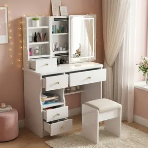 Vanity Desk with Mirror and Lights, White Makeup Vanity Table with Dressing Table with Open Storage Shelves, Vanity Desk with 1Big Drawers and 4 Small Drawers, Dressing Table Set with Lighted Mirror Adjustable, for Bedroom