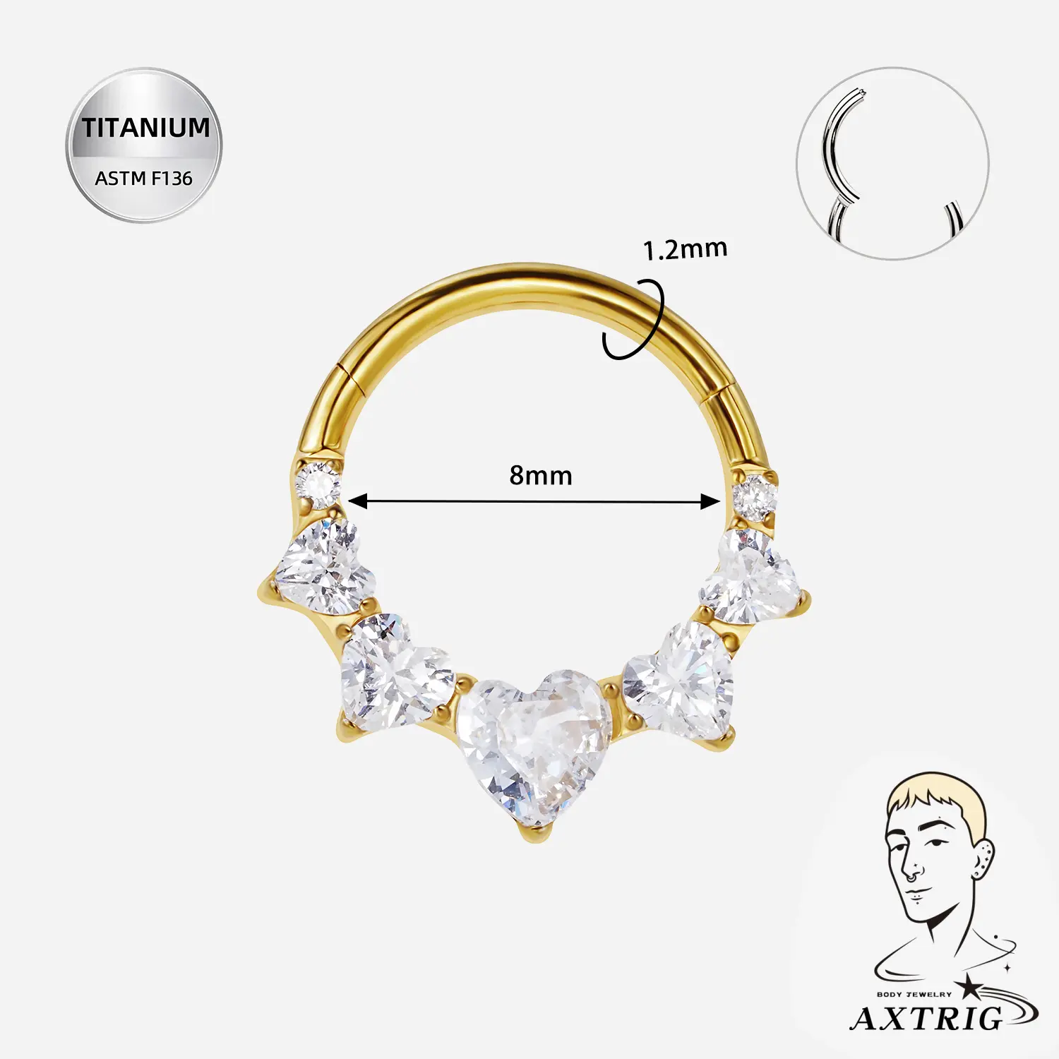 Unisex Medical Grade 16G Titanium Alloy Heart Shape CZ Segmented Ring Clicker - ASTM F136, Nickel-Free, 8mm for Septum, Gold Daith Piercings, Everyday Wear Body Jewelry, Clickers