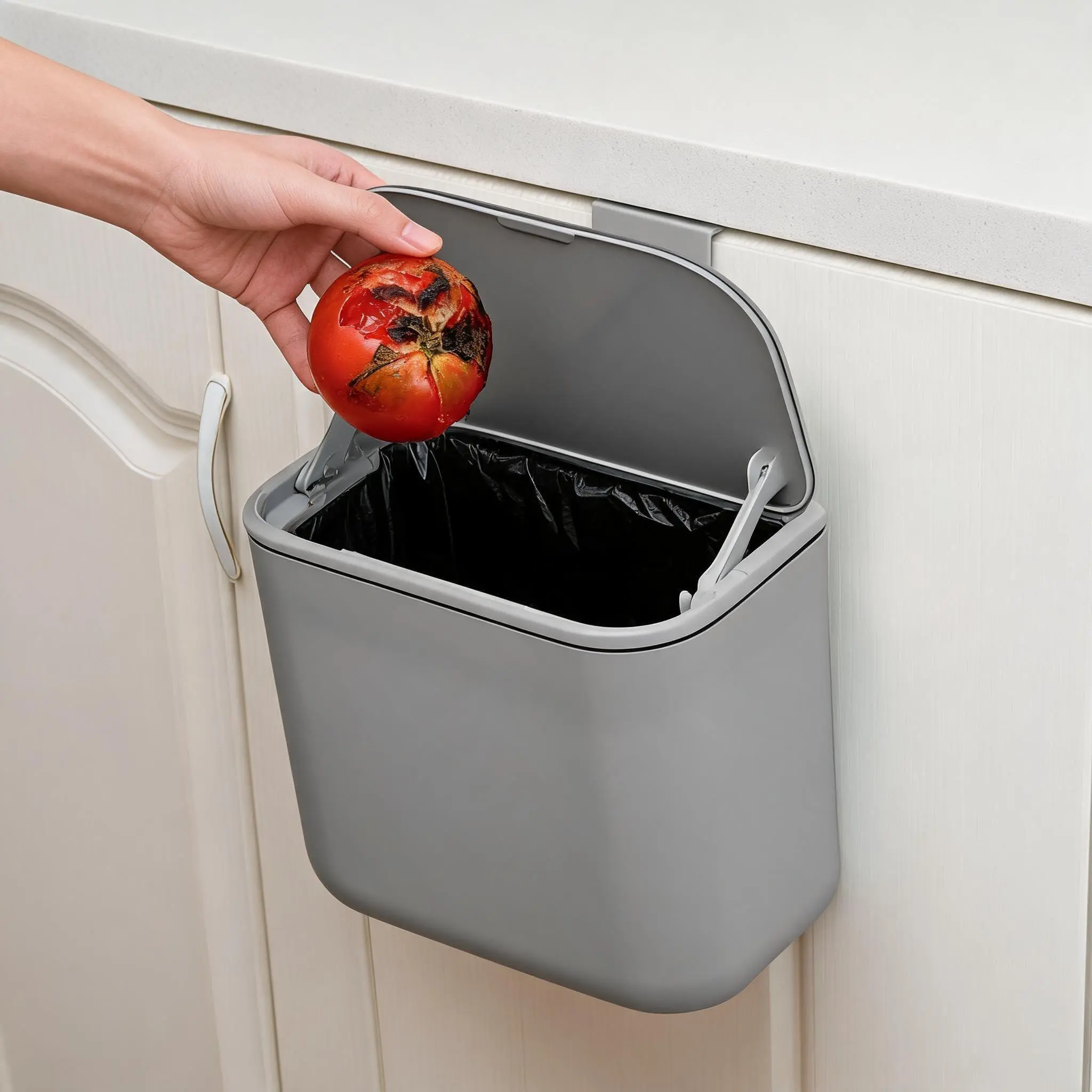 Grey 2.4 gal Hanging Kitchen Compost Bin with Lid, Stainless Steel Swing-Top