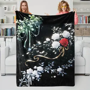 Floral Theme Printed Throw Blanket In Black, Flannel Throw Blanket, Picture Presents A Sophisticated Dark Floral Visual Effect, Suitable for Sofa, Bedroom and Travel, All Seasons