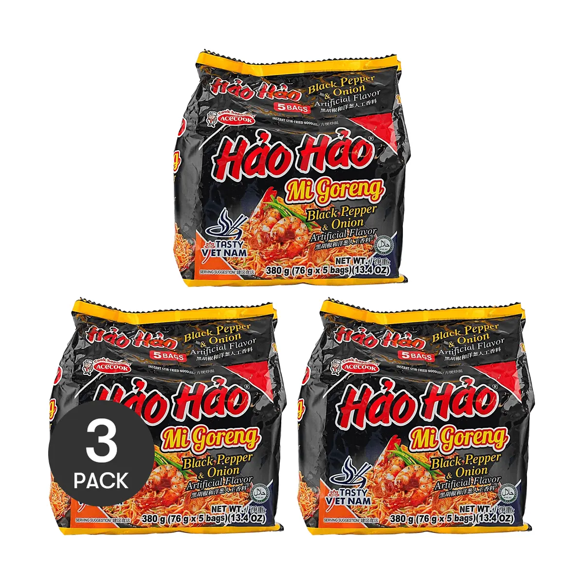 3 Pack Acecook Vietnam Hao Hao Mi Goreng Black Pepper Onion Dry Noodles 13.4 oz Each - Bold Stir-Fried Instant Ramen