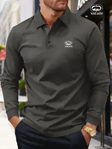 Men's Plus Size Fitted Solid Color Geometric Long Sleeve Polo Shirt, Menswear, High-End Fashion Fabric, Casual Sports Leisure Wear, All Seasons, Christmas Gift