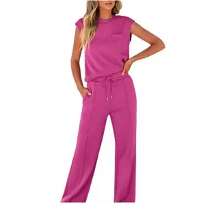 Sleeveless Pocket Top & Wide Leg Pants Set for Women, 2 Piece Sporty Casual Tracksuit, 2026 Summer Comfort Outfit