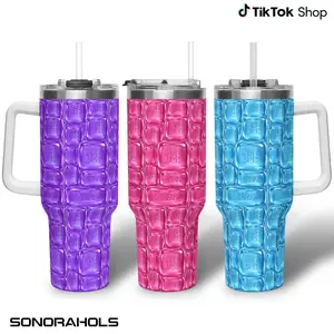 NeeDohS Cool Crush Ice Cube Tumbler With Handle, 3D Visual Printed Graphic Hard Travel Mug 40oz, Anxiety Sensory Play Blue Gift Mug