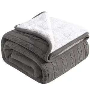 [Memorial Day Sale]NTBAY 100% Pure Cotton Sherpa Fleece Cable Knit Throw Blanket, Super Soft Warm Breathable Elegant Knitted Throw Blanket for Couch, Sofa, Chair, Bed - Extra Cozy, Machine Washable, Comfortable Home Decor, Gift, Souvenir