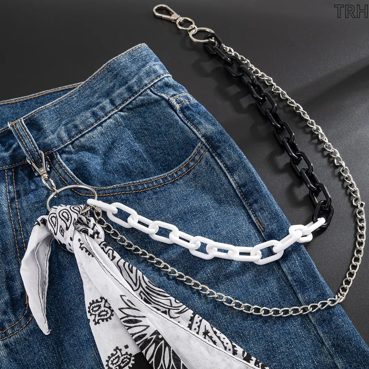 Men's Layered Paisley Bandana Jean Chain, Black White Acrylic & Silver Metal Dual Pants Chain, Y2K Hip Hop Streetwear Denim Accessory for Festivals & Daily Wear