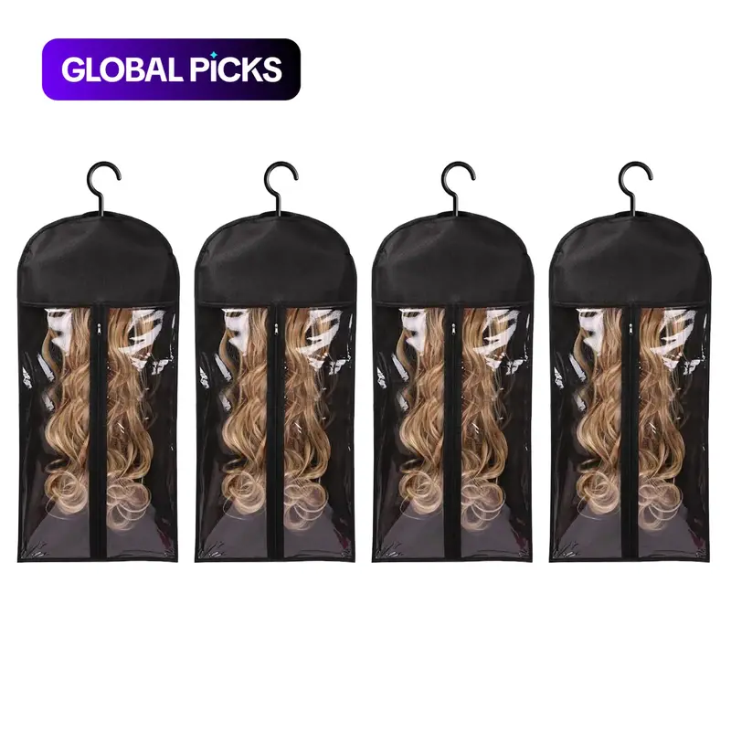 Wig Storage Bags with Hooks, 4-Pack Dustproof Zipper Covers for Wigs and Hair Extensions, for Salon and Home Use Dustproof Design Covers #GLOBAL PICKS