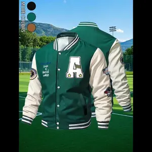 Men's Colorblock Letter Patched Pocket Button Front Varsity Jacket, Regular Fit Casual Waterproof Warm Long Sleeve Baseball Collar Outerwear for Spring & Fall, Fashion Men's Clothes for Daily Wear