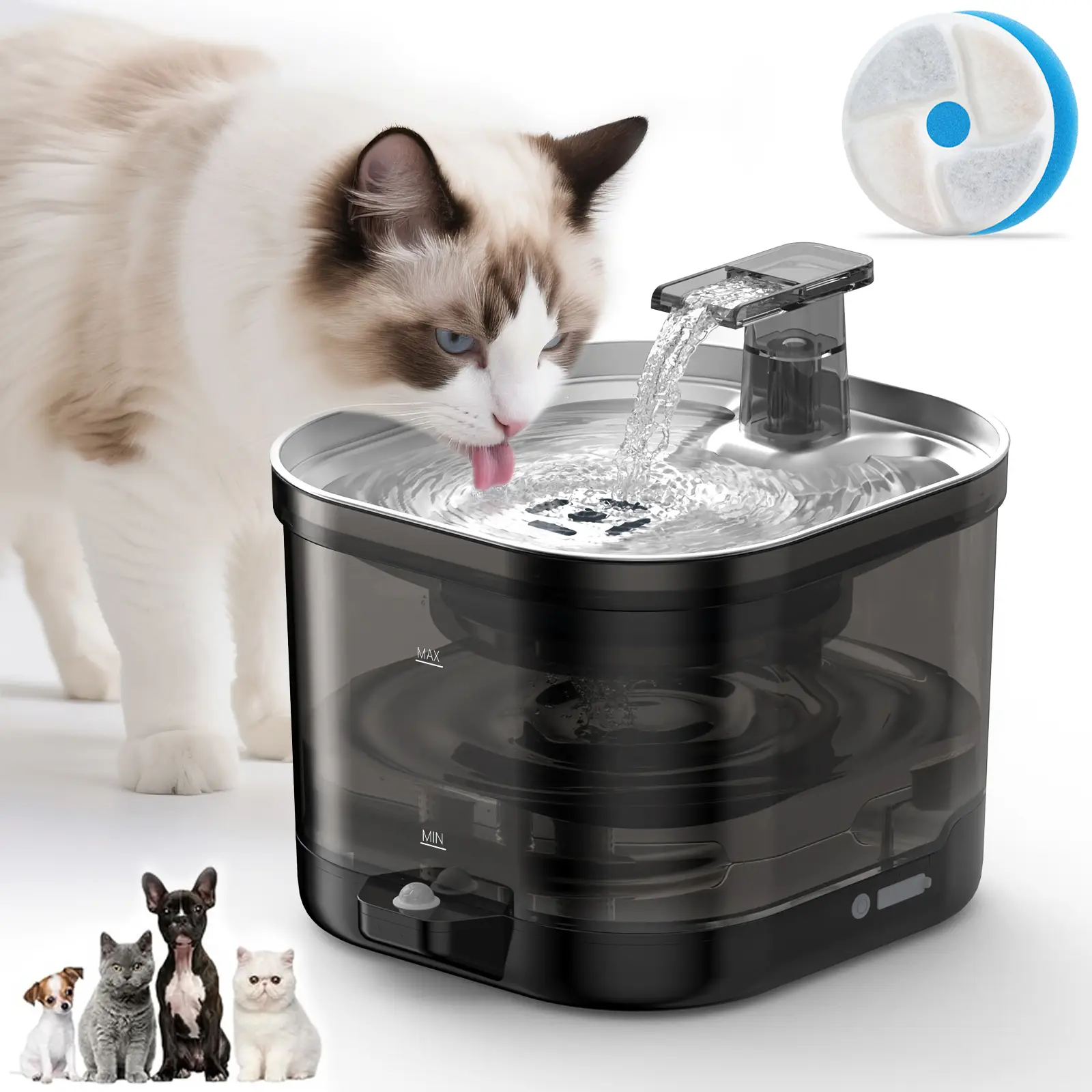 Cat Water Fountain , Cordless Pet Water Fountain with Filter，Automatic Water Fountains for Cats Indoor with Motion Sensor, Detachable Tank, Quiet Pump