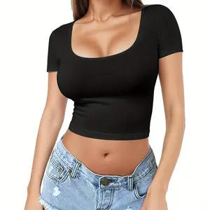 Women's Short Sleeve Square Neck Crop Top Y2K Soft Fitness Tee Casual Sexy Slim Fit Base Shirt Lightweight