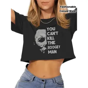 Women's Horror Movie Graphic Crop Tee - "You Can't Kill The Boogeyman" Crop Top - Heavyweight 180GSM Black T-Shirt - Loose Fit Cropped Shirt for Casual Outfits & Themed Events - Machine Washable Everyday Top, Bold Print Top, Soft Fabric Feel, Weekend Fas