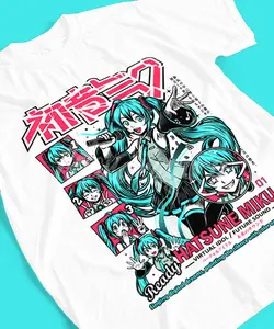 Hatsune Miku 2026 Cyber Style T-Shirt, Anime Comic Panel Graphic Tee, High Saturation Neon Print, Virtual Idol Fan Shirt