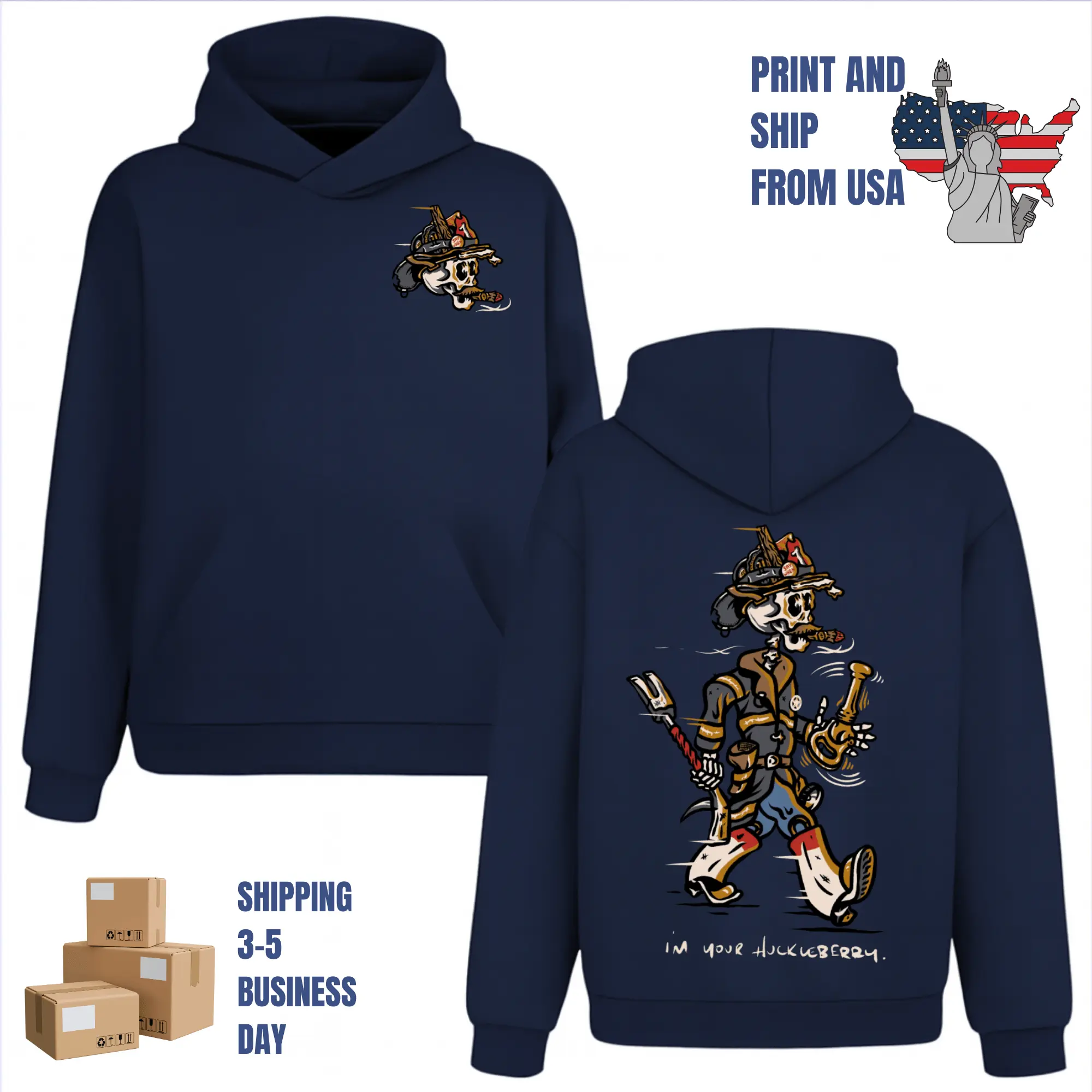 Im Your Huckleberry Skeleton Firefighter Hoodie, 2 Sides, Badass Fireman Skull Hoodie