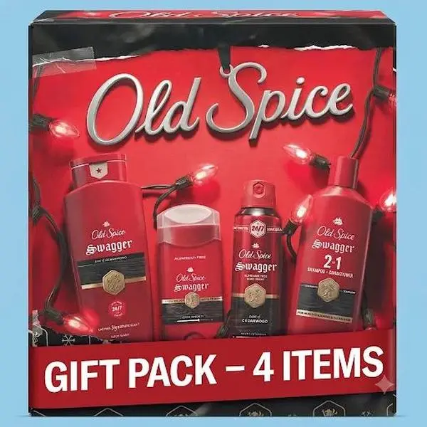 Old Spice Swagger 4-Piece Grooming Gift Box for Him – Complete Cedarwood Scent Body Wash, Deodorant, Spray & Shampoo Collection