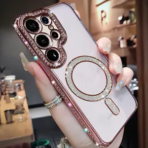 Shiny Gold-Plated Magnetic Transparent Phone Case, Protective, Suitable for Samsung S26 Ultra S25 FE S25 Edge S25 Ultra S25 Plus S25 S24 FE S24 Ultra S24 Plus S24 S23 S22 Ultra Plus, Electroplated Transparent Soft Case, Shockproof Cover