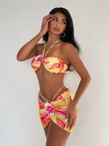Women's Floral Ruched Bikini Set with Ruffle Design, Sexy Two-Piece Swimsuit with Skirt, Three-Piece Swimwear for Summer Beach, Floral Print Bikinis