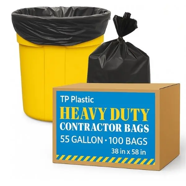 TP Plastic 55–60 Gallon Trash Bags – 100 Count, 1.5 Mil Heavy Duty Black Garbage Bags, 38" x 58", Large Industrial-Grade Bin Liners for Commercial & Outdoor Use