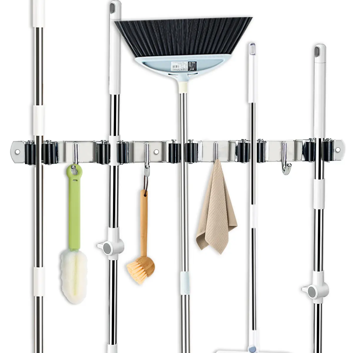 Stainless Steel Heavy-Duty Mop and Broom Holder Wall Mount - 5-Slot Racks, 4 Hooks, Self-Adhesive, Rust Resistant Adhesion & Mount Hooks & Rails for Home Kitchen Laundry