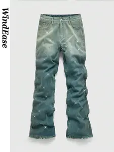 Men's Retro Sparkling Rhinestone Microflare Jeans, High Waist Frayed Hem Streetwear Pants, Versatility for Parties, Home, Daily Gatherings