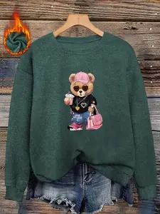 Trendy Bear Faux Fur Round Neck Top, Womenswear, Soft Velvety Fabric, Unique Heart Print, Casual Loose Fit, Fall & Winter Fashion