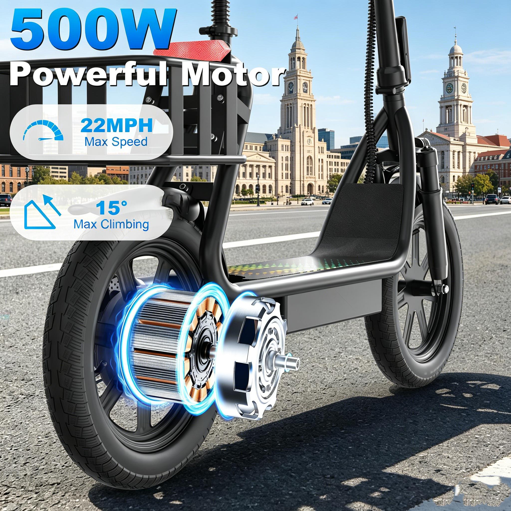 48V 10.4Ah Adult Electric Scooter with Seat, Powerful Motor, 22MPH Max Speed, 21-27 Mi Driving Range, Pet-Friendly Design, and Convenient Rear Basket,summervibes