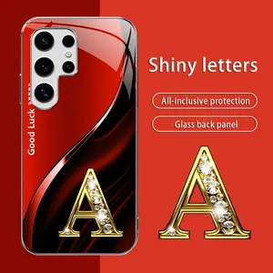 Galaxy S25 Ultra High-end Simple Silk 26 Letters Electroplated Metal Glass Case Shiny Letters All-inclusive Protection Glass Back Panel Shockproof Drop-proof Wear-resistant