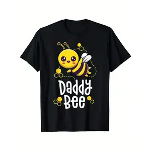 Men's Daddy Bee Graphic T-Shirt - 100% Cotton Black Short Sleeve Shirt with Cute Bee & Daddy Bee Design, Breathable Crew Neck for Father's Day Gifts, Birthday Outfits, Casual & Outdoor Activities - All-Season  double print graphic tee men's t shirts