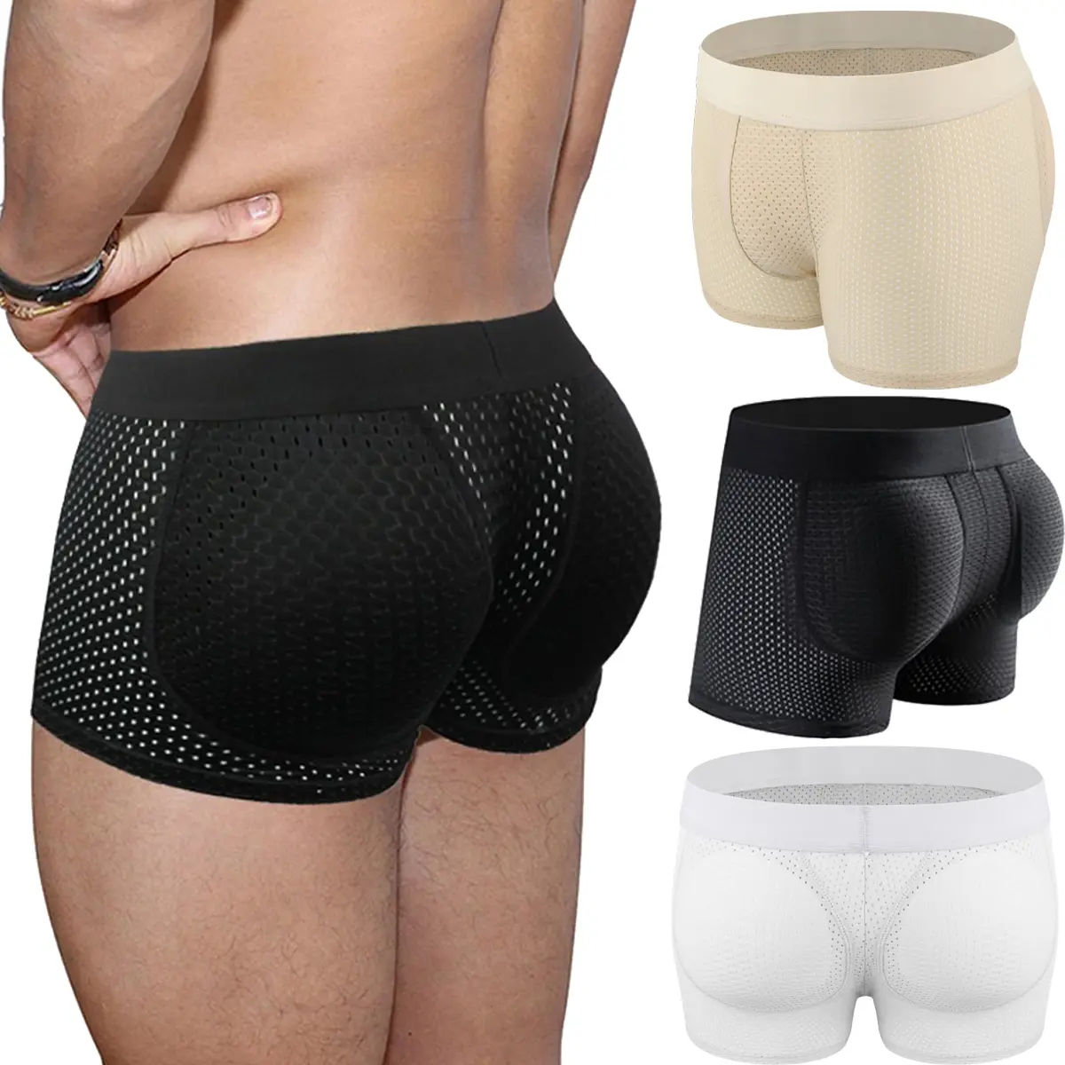 1/2/3/4 Pack Menswear Body Shaper Shapewear Padded Underwear Breathable Butt Lift Mesh Boxer Briefs Shorts with Removable Pads Lightweight Hips Enhancers Compression Slim Fitting Elastic Nylon Fabric Classic Boxer Style Personalized