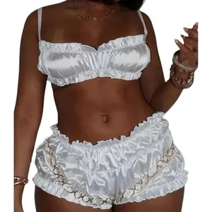 White Satin Ruffle Trim Set - Spaghetti Strap Crop Top & Chain Embellished Shorts for Women