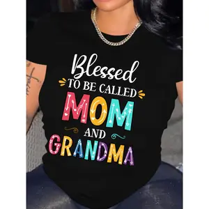 Mom Grandma Print Crew Neck T-shirt, Casual Short Sleeve Top For Spring & Summer, Women's Clothing