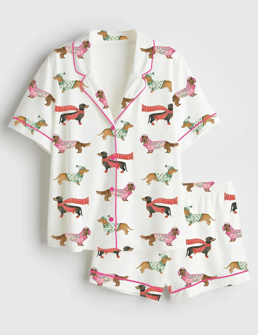 Deck the Halls Weenie Dog Holiday Christmas Dachshund Long and Short Sleeve Pajama Set, Sleepwear for Women, Pjm for Girls
