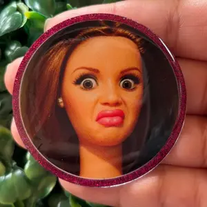 Funny Barb Cringe Face Dark Magenta Sparkly Retractable Badge Reel Cute Meme Acrylic ID Holder For Nurse Teacher Office Gag Gift