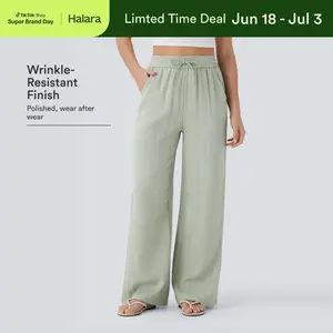 Halara High Waisted Drawstring Pocket Wide Leg Baggy Casual Linen-Feel Pants