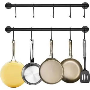 Black Steel-made Kitchen Utensil Rack Organizer Wall-mounted Pot Pan Wall Hanger Holder For Hanging Rail with 10 S Hooks