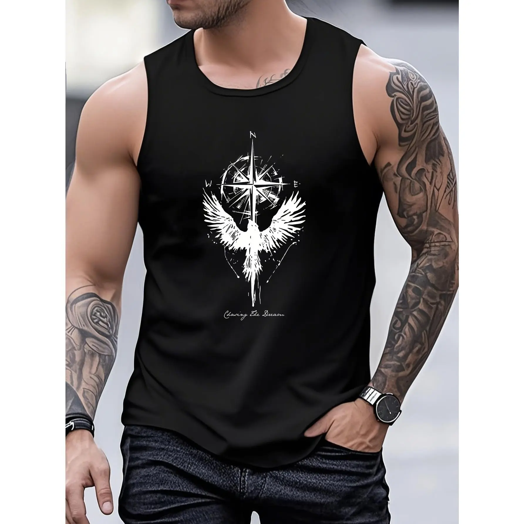 [Cotton Fitness Vest] Breathable Cotton Men's Sleeveless Fitness Vest | 100% Cotton, Geometric Print, Round Neck, Lightweight & Machine Washable for Gym, Beach, and Casual Outings