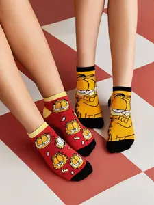 GARFIELD X SHEIN 2prs/Pack Funny Cartoon Pattern 100% Cotton Breathable Sweat-Absorbent Unisex Ankle Socks