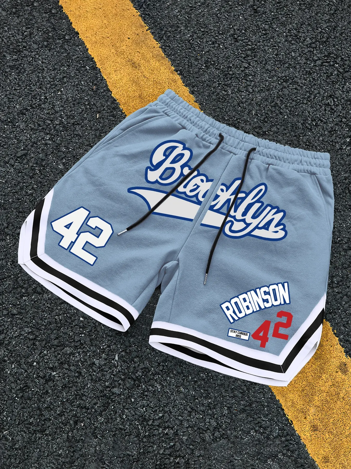 Men's Vintage Brooklyn Robinson Basketball Shorts, Light Blue Sports Fitness Drawstring Shorts, Adjustable Drawstrings, Casual Streetwear for Games/training/lifestyle, Vintage Appeal, Lightweight, Casual Athletic Shorts, Shorts Sportswear