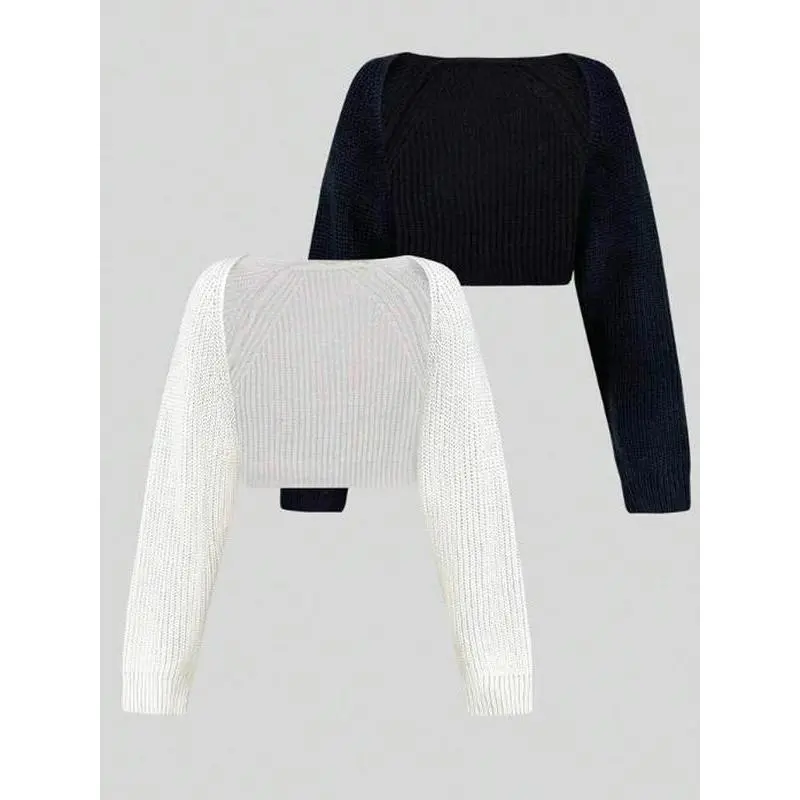Women's Minimalist Textured Raglan Sleeve Shrug Set, Chic Open Front Sweater Cardigan, Back To School Cropped Cardigan, Comfort Long Sleeve Knitwear Fall Two Piece Set Tops Fit