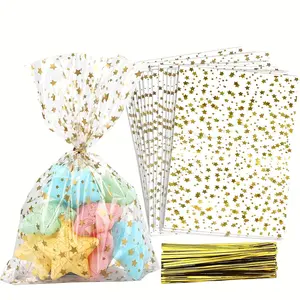 Star Pattern Opp Gift Bags, 50 Pack with 50 Twist Ties, Ideal for Party Decor and Treats, Birthday Party Favors, Party Favors Assortment, Party Favor Packs