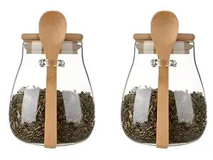 Airtight glass jar storage container with bamboo lid Set of 2, wide mouth, leak-proof, With a spoon, can be used for coffee beans, tea leaves, grains, dried fruits, etc (Small)