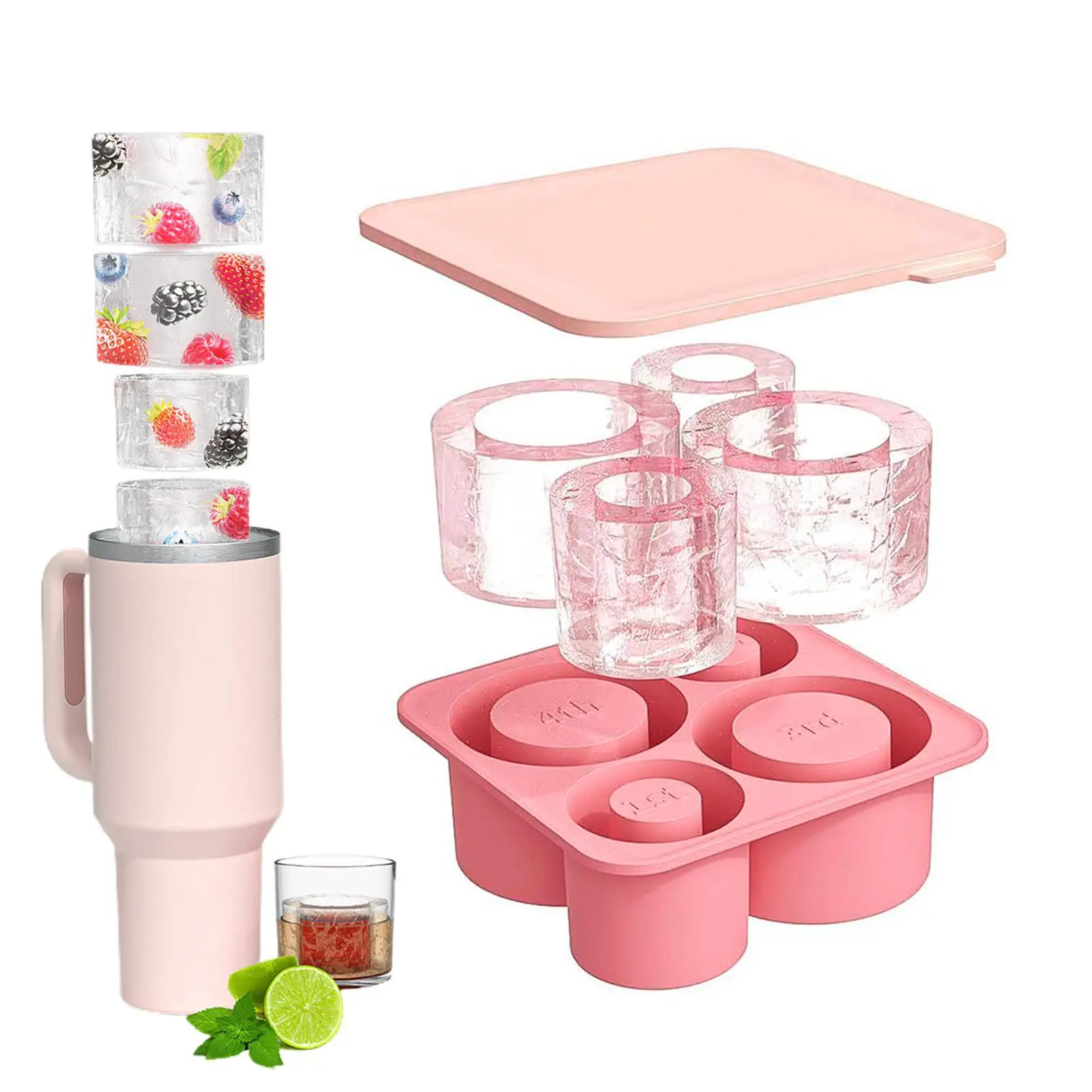 Ice Cube Mold with Lid, 1 Count 4 Grids Silicone Ice Cube Mold, Reusable Ice Cube Maker Containers for Home Kitchen Gadgets Accessories, Home Bar Acce