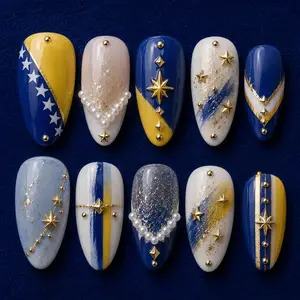 Pernell Home Bosnia Blue Gold Press-On Nails, Flag Inspired Star Pattern Design, Heart Emblem & Soccer Ball Accent, Elegant National Pride Handmade Nail Art, Luxury Sports Fan Press Ons