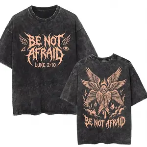 Men's Distressed Short-Sleeve Round Neck Christian T-Shirt - Menswear Vintage Casual Tee with Luke 2-10 Bible Verse, Biblically Accurate Angel Print, Figure-Flattering Acid Wash Oversized Streetwear Top, Shortsleeve