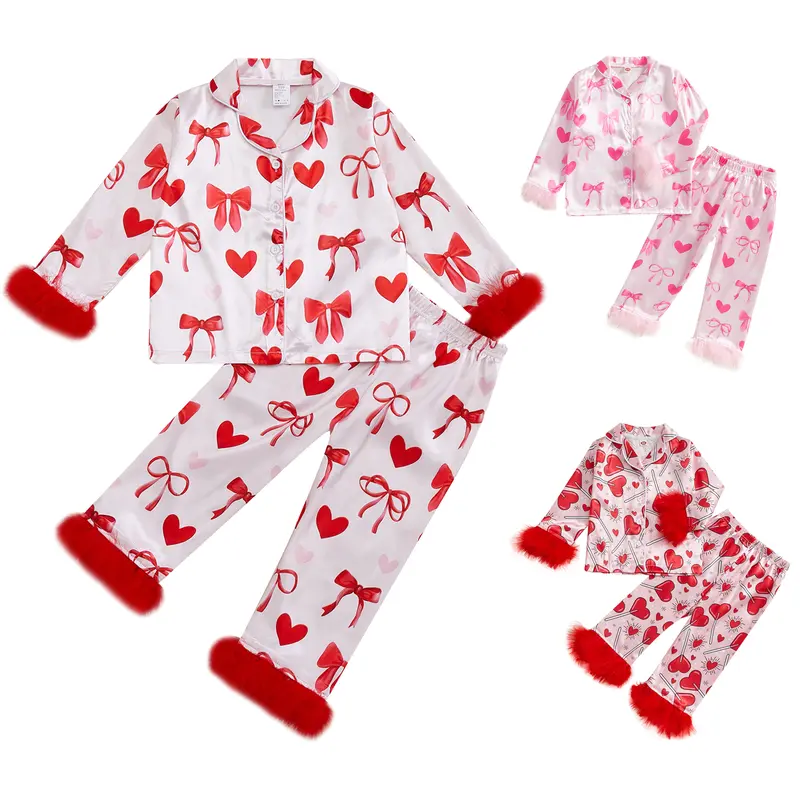 REDWOON Kids Girl Valentine's Day Satin Pajama Sets Feather Trim Heart Bow Print Button-up Tops Long Pant Lounge Set Sleepwear