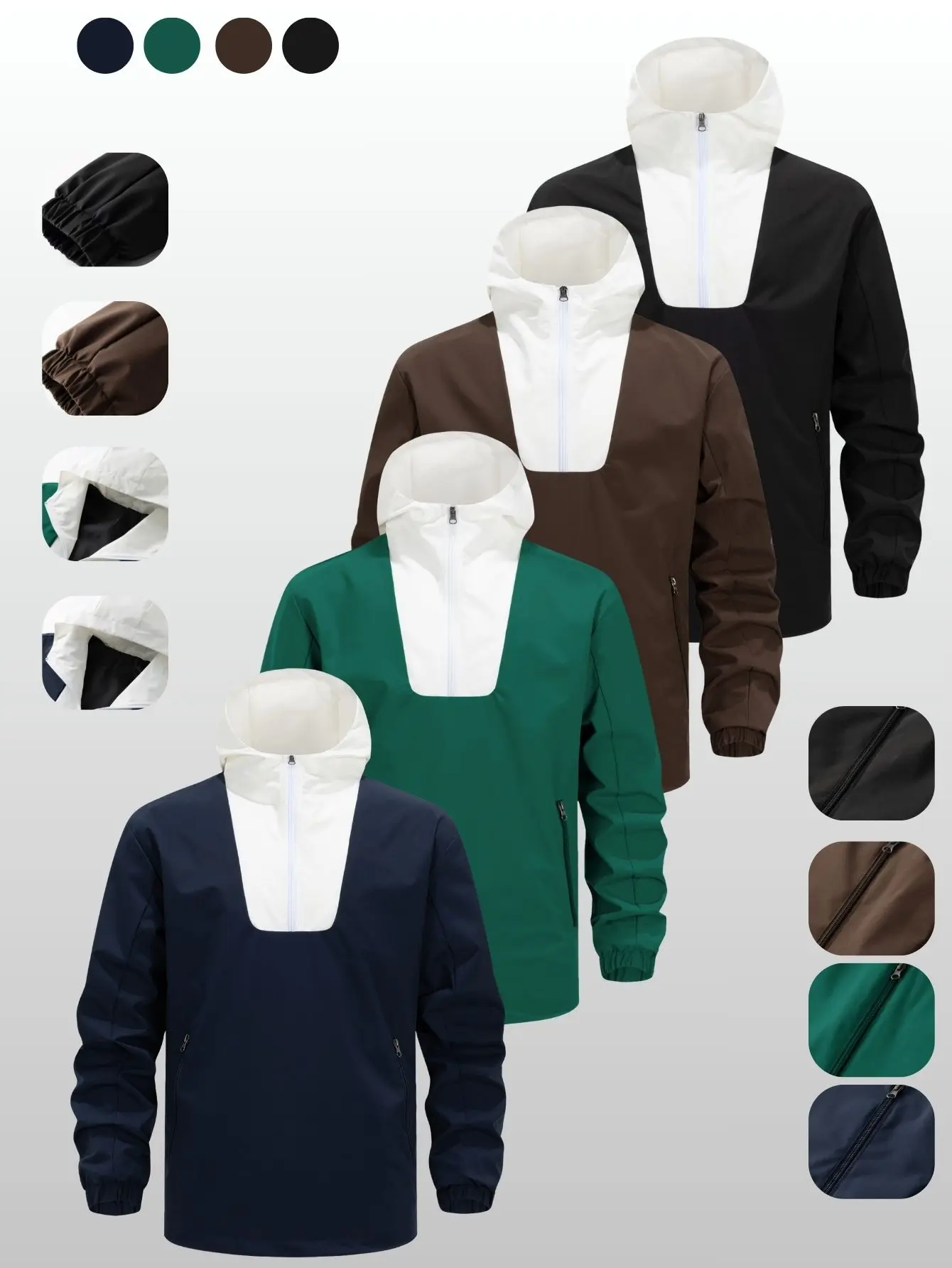 Men’s half-zip hooded jacket featuring a face-protecting hood zipper design, front chest U-shaped panel insert, side zip pockets, elastic cuffs, drop-shoulder loose fit, made from abrasion-resistant woven fabric for outdoor casual wear.