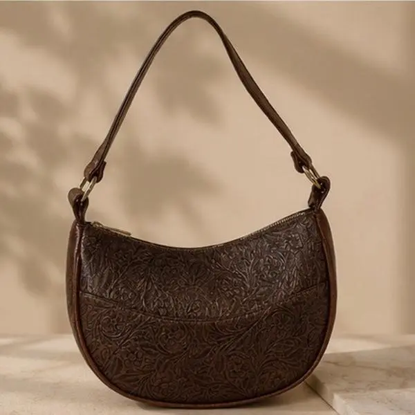 Mexican Leather Purse with Floral Design, Brown Color, Handmade in Mexico, Elegant and Stylish
