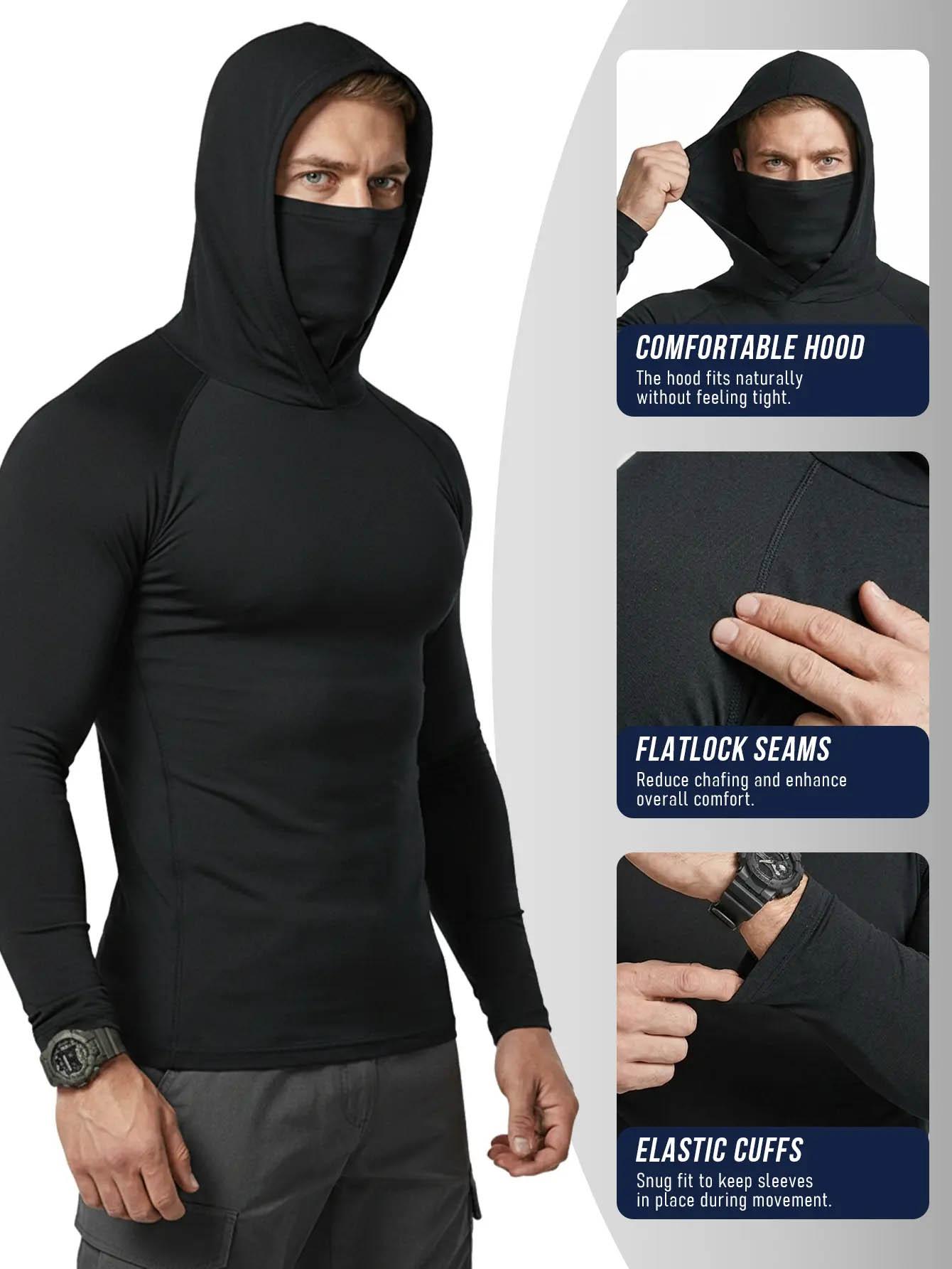 Men's 6-Pack Slim Fit Compression Sun Hooded Activewear Training Shirts - Breathable, Quick-Dry, Lightweight, UPF Long-Sleeve Polyester Clothes with Attached Face Mask, Machine Washable, All-Season Muscle Support Tops for Fishing, Biking