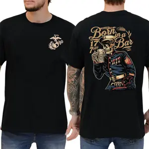 Marine Veteran Skull Beer T-Shirt Born In A Bar Graphic Tee, Military Eagle Globe Anchor Shirt, Funny Drinking Tee for Men Casual Gift