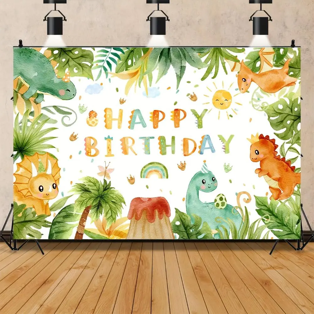 1PC Multicolor 1-Piece Printed Polyester Reusable 2D Flat Cartoon Dinosaur Tropical Rainforest Backdrop Banner, 51.46m Festive Party Photo Background for Kids' Happy Birthday & Dinosaur-Themed Events, Home Supply
